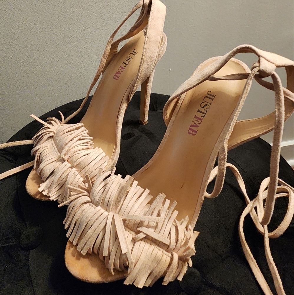 Just Fab Beige/tan fringe heeled sandal
